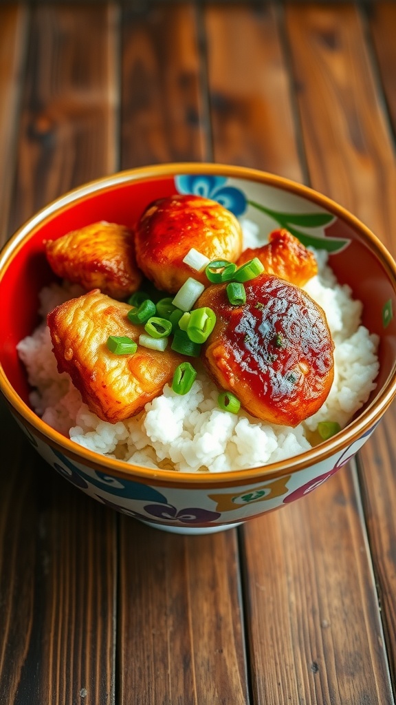 Crispy chicken on rice in a bowl, garnished with nori and green onions, on a wooden table.